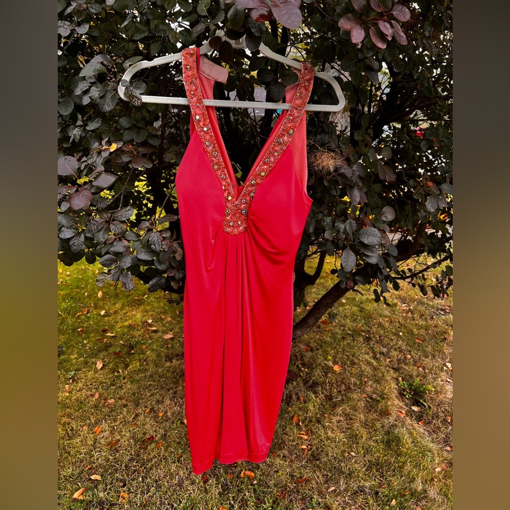 Marc Bouwer Couture Women’s Luxury Coral with Gems, Halter Dress